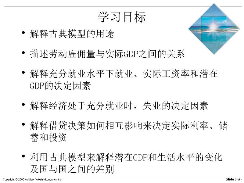 学习目标 解释古典模型的用途 描述劳动雇佣量与实际GDP之间的关系 解释充分就业水平下就业、实际工资率和潜在GDP的决定因素 解释经济处于充分就业时，失业的决定因素 解释借贷决策如何相互影响来决定实际利率、储蓄和投资 利用古典模型来解释潜在GDP和生活水平的变化及国与国之间的差别